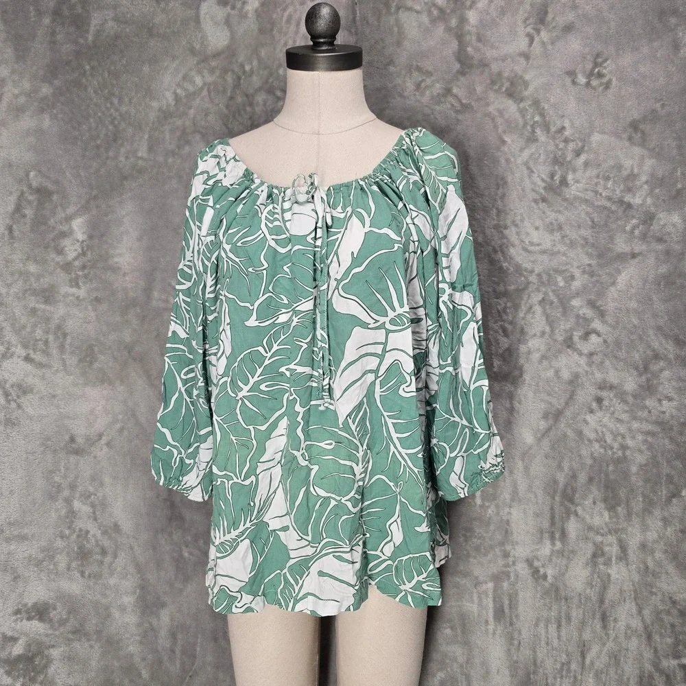 Kalaheo Blouse Top Women 2XL Green Monstera Leaf Print Rayon Tropical Relaxed